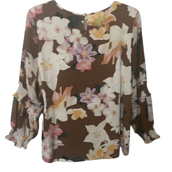 CALVIN KLEIN LONG BALLOON SLV RND NECK HI-LOW BLOUSE, WOMENS-XL-BROWN WHITE PINK - Picture 5 of 12